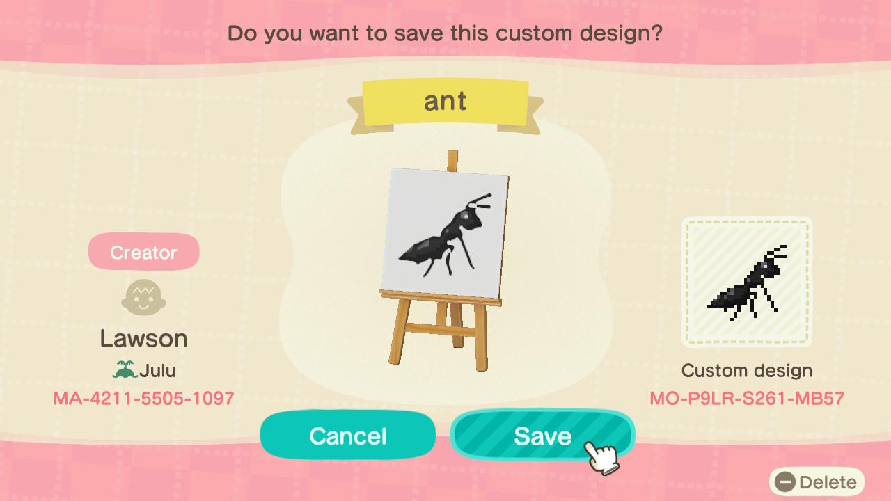 Animal Crossing Design Code: MO-P9LR-S261-MB57 ant