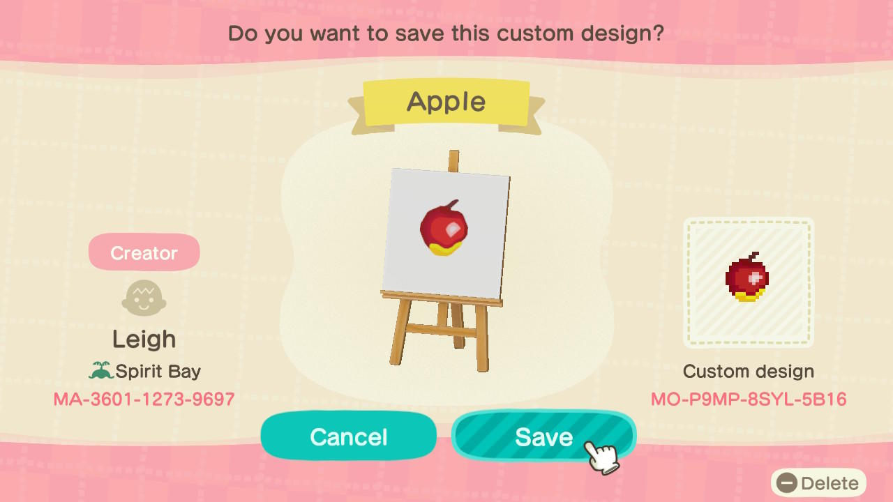 Animal Crossing Design Code: MO-P9MP-8SYL-5B16 Apple