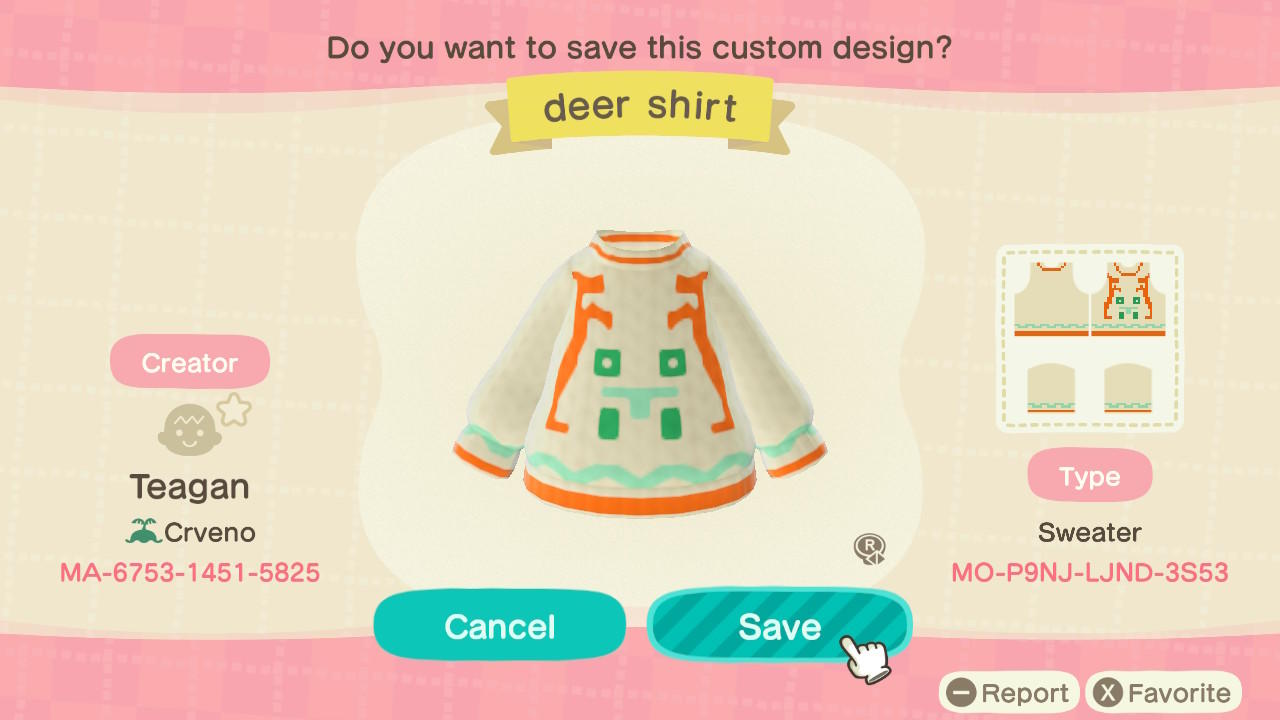 Animal Crossing Design Code: MO-P9NJ-LJND-3S53 deer shirt