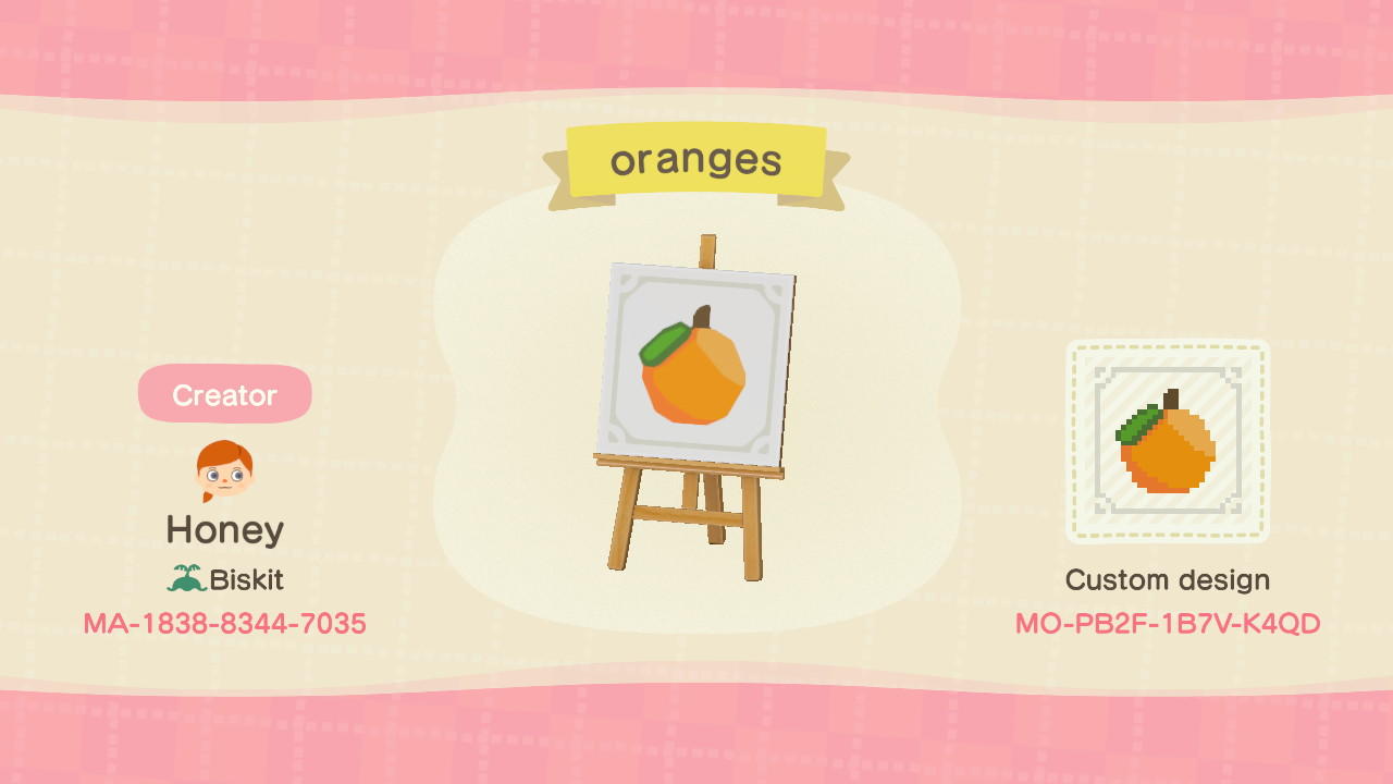 Animal Crossing Design Code: MO-PB2F-1B7V-K4QD Oranges