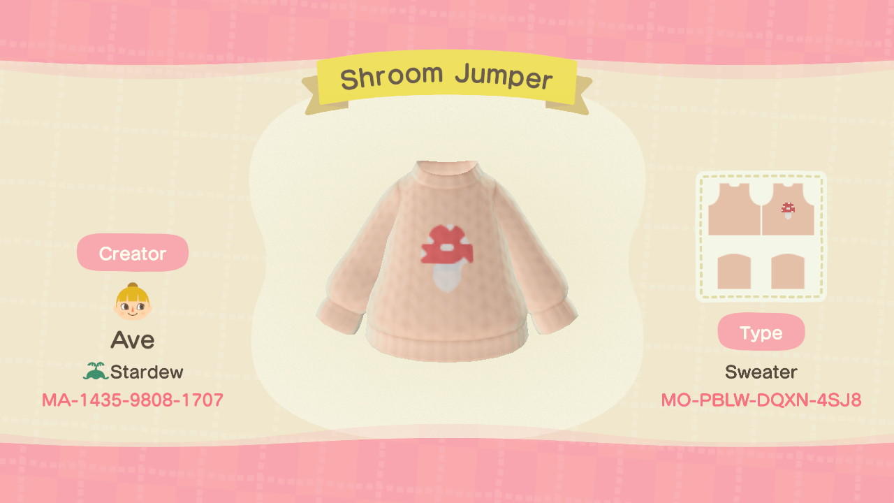 Animal Crossing Design Code: MO-PBLW-DQXN-4SJ8 Mushroom Sweater