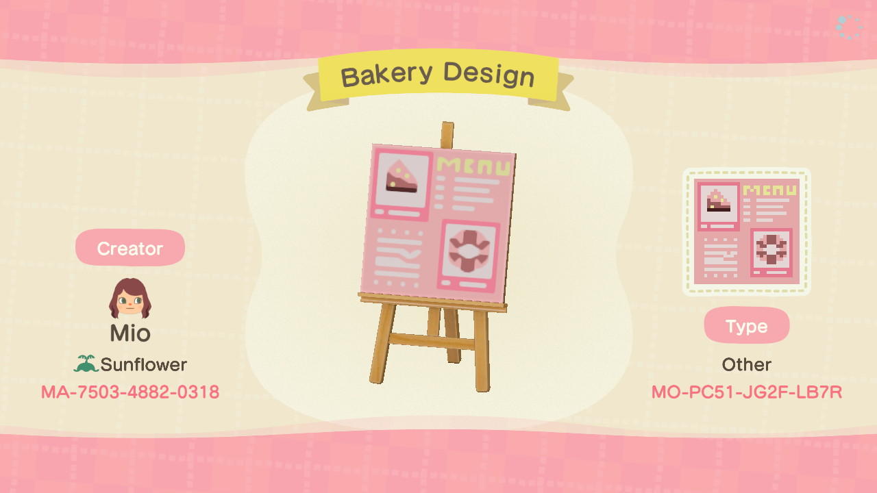 Animal Crossing Design Code: MO-PC51-JG2F-LB7R Bakery Shop