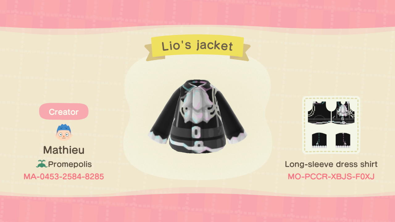Animal Crossing Design Code: MO-PCCR-XBJS-F0XJ Lio&#39;s Jacket