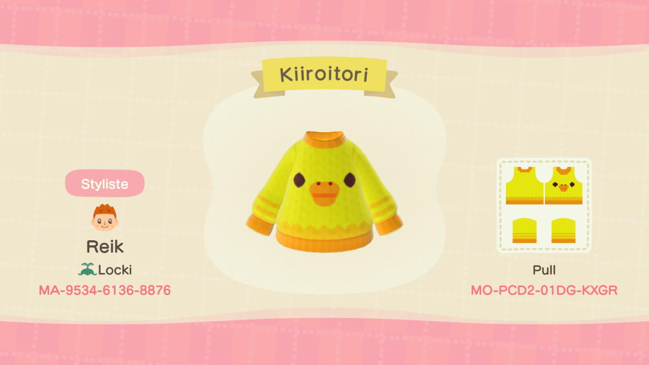 Animal Crossing Design Code: MO-PCD2-01DG-KXGR Kiiroitori