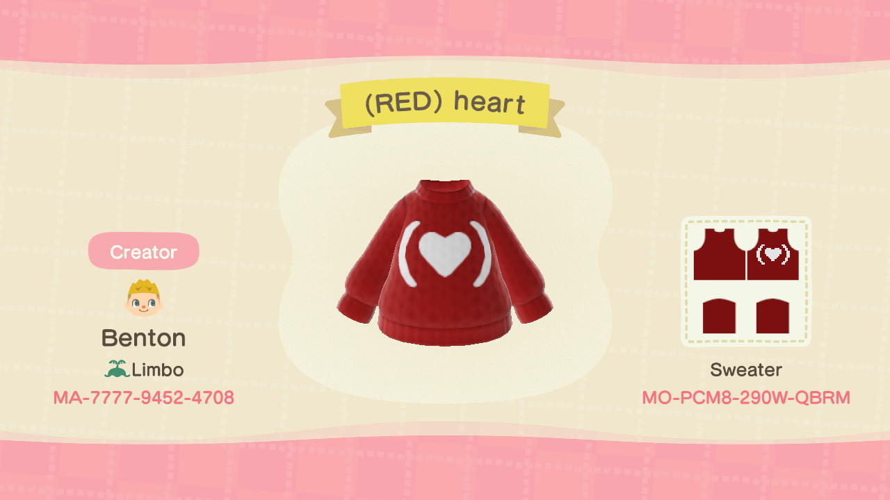 Animal Crossing Design Code: MO-PCM8-290W-QBRM (RED) heart