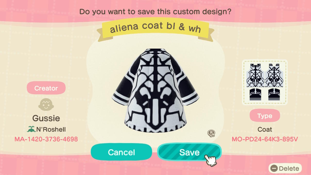 Animal Crossing Design Code: MO-PD24-64K3-895V Aliena African Bb&W