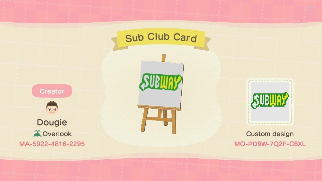 Animal Crossing Design Code: MO-PD9W-7Q2F-C6XL Sub Club Card