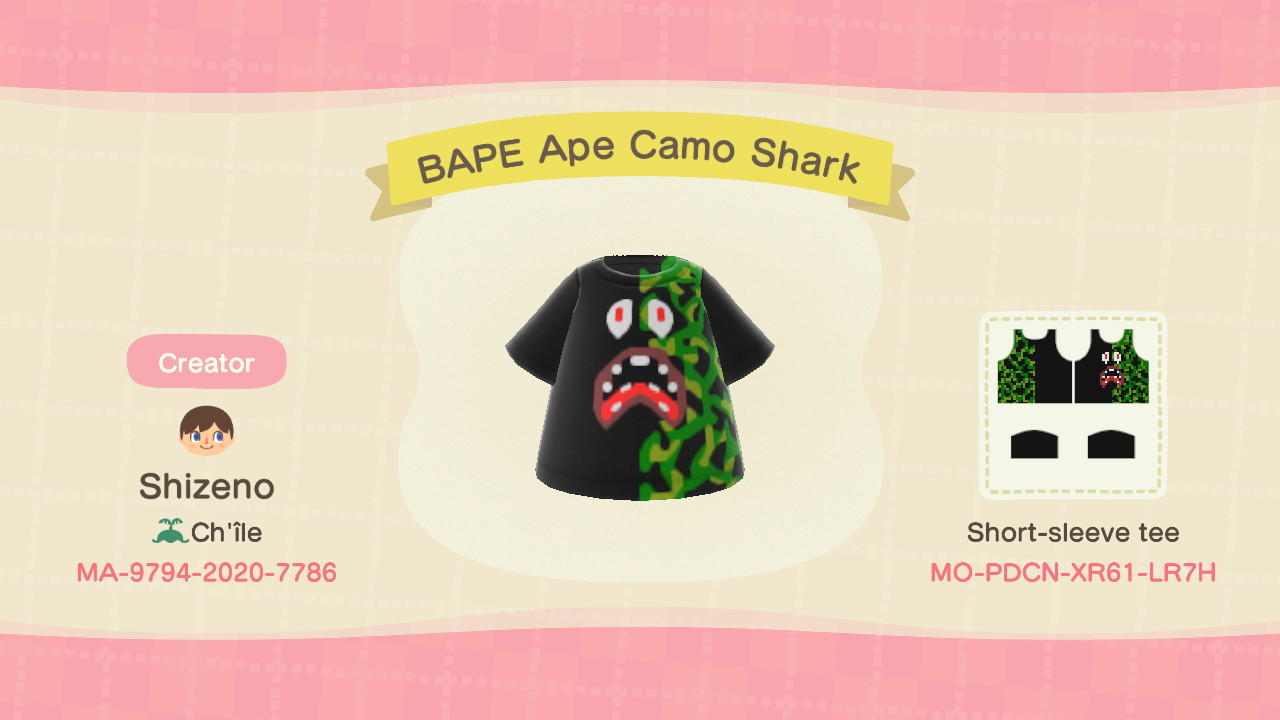 Animal Crossing Design Code: MO-PDCN-XR61-LR7H Bape Ape Camo Shark