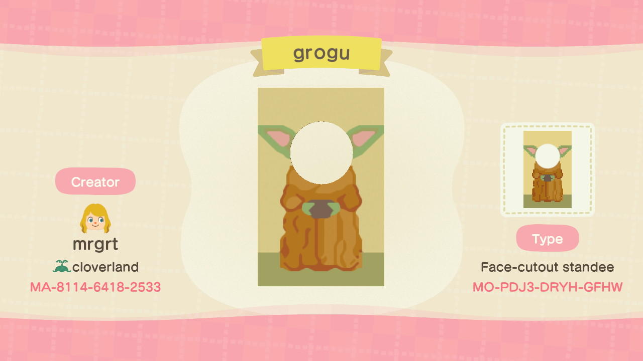 Animal Crossing Design Code: MO-PDJ3-DRYH-GFHW Baby yoda/grogu