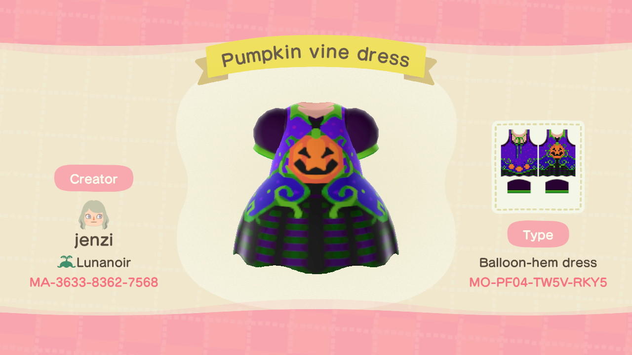 Animal Crossing Design Code: MO-PF04-TW5V-RKY5 Pumpkin vine dress