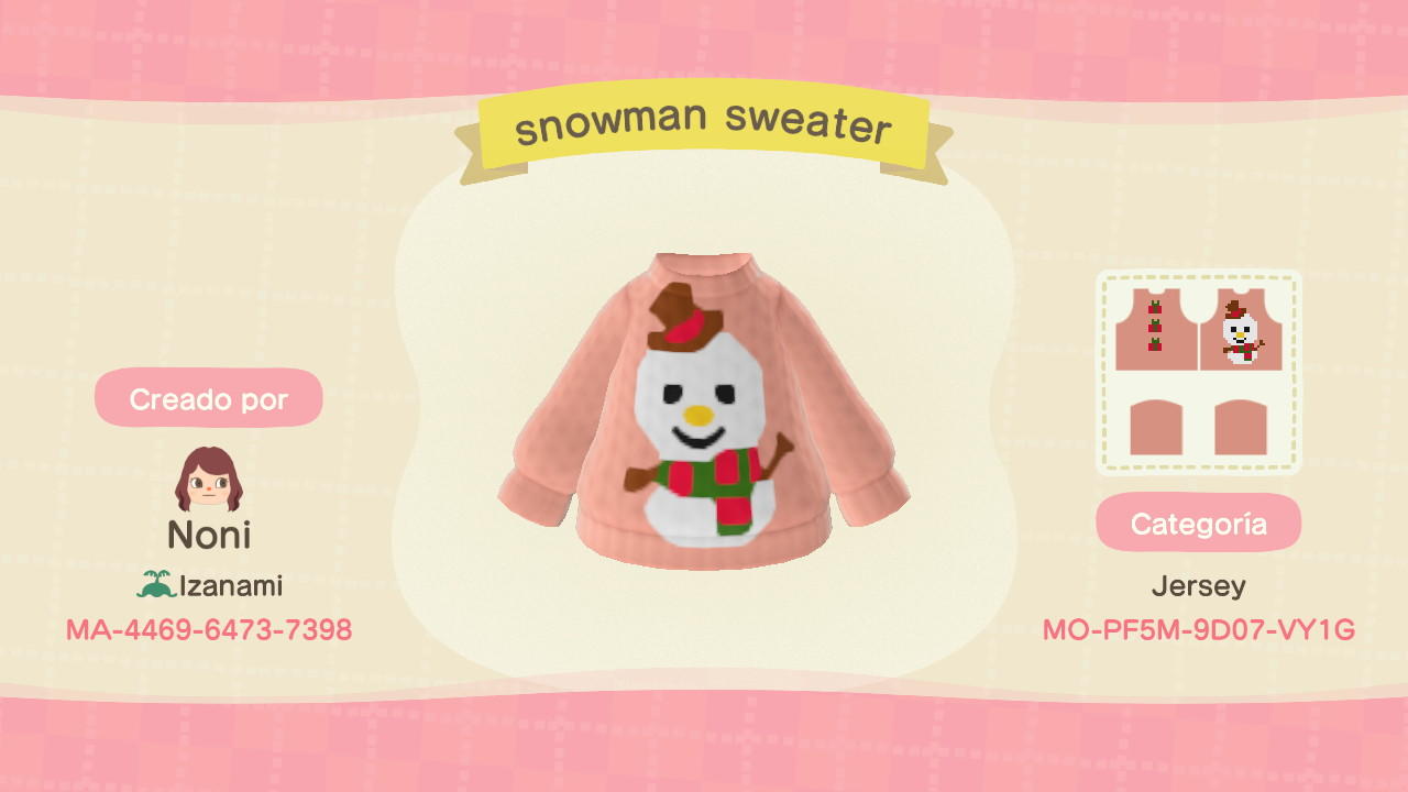 Animal Crossing Design Code: MO-PF5M-9D07-VY1G snowman sweater