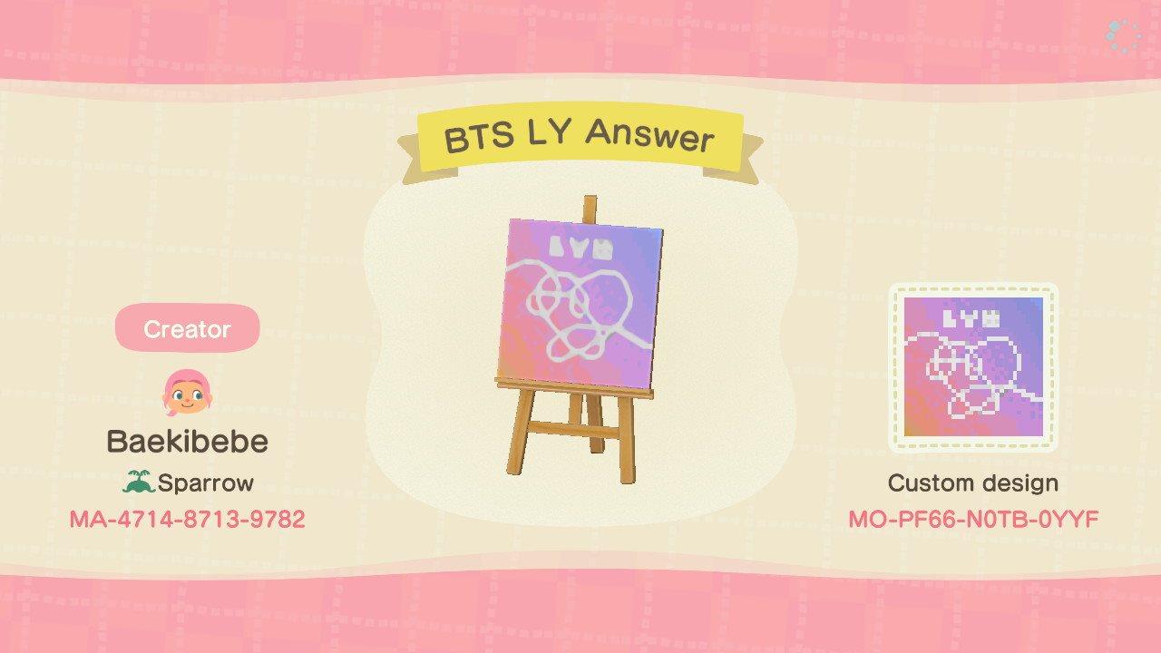 Animal Crossing Design Code: MO-PF66-N0TB-0YYF BTS LY Answer