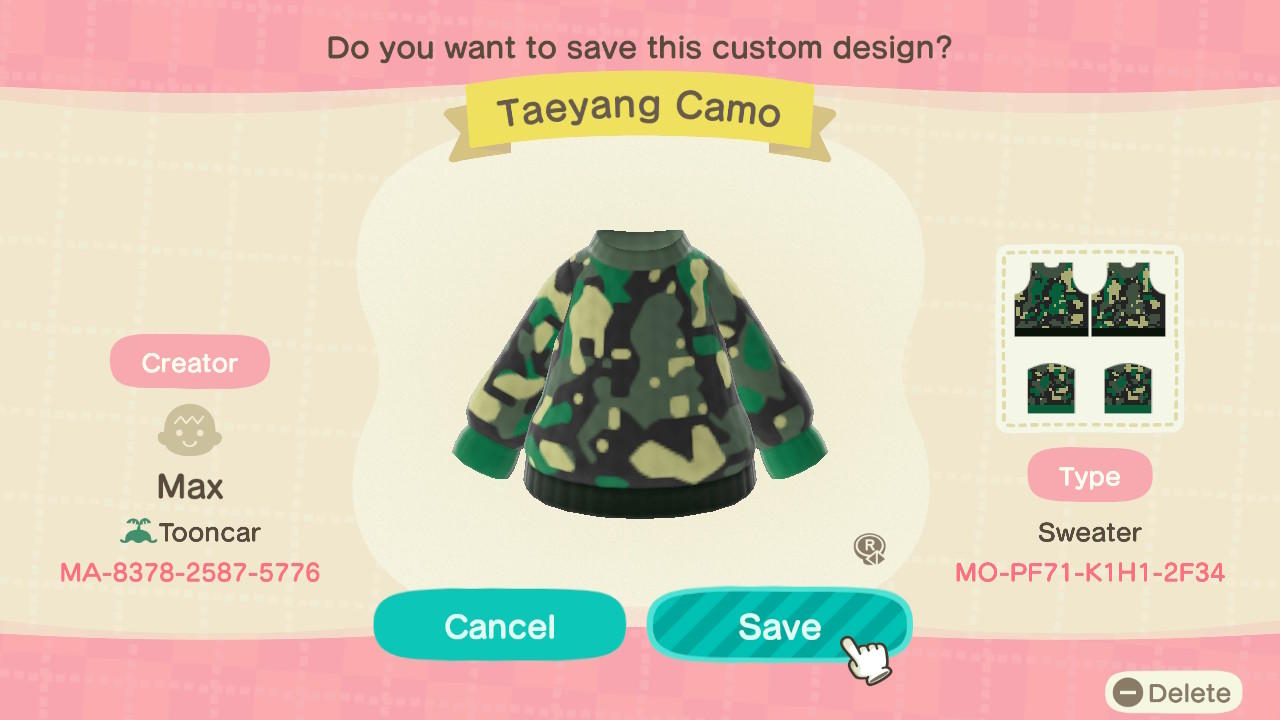 Animal Crossing Design Code: MO-PF71-K1H1-2F34 SF9 Taeyang Camo
