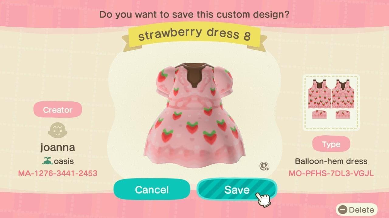 Animal Crossing Design Code: MO-PFHS-7DL3-VGJL strawberry dress