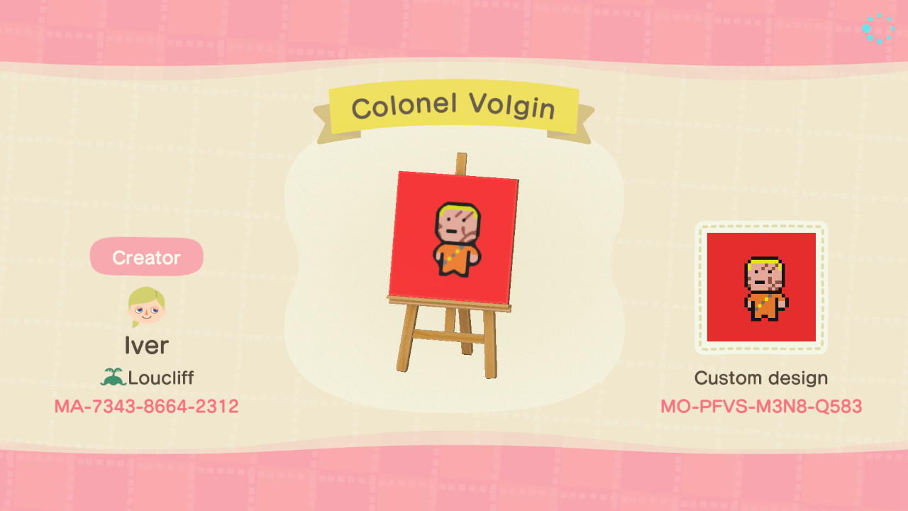 Animal Crossing Design Code: MO-PFVS-M3NB-Q583 Colonel Volgin