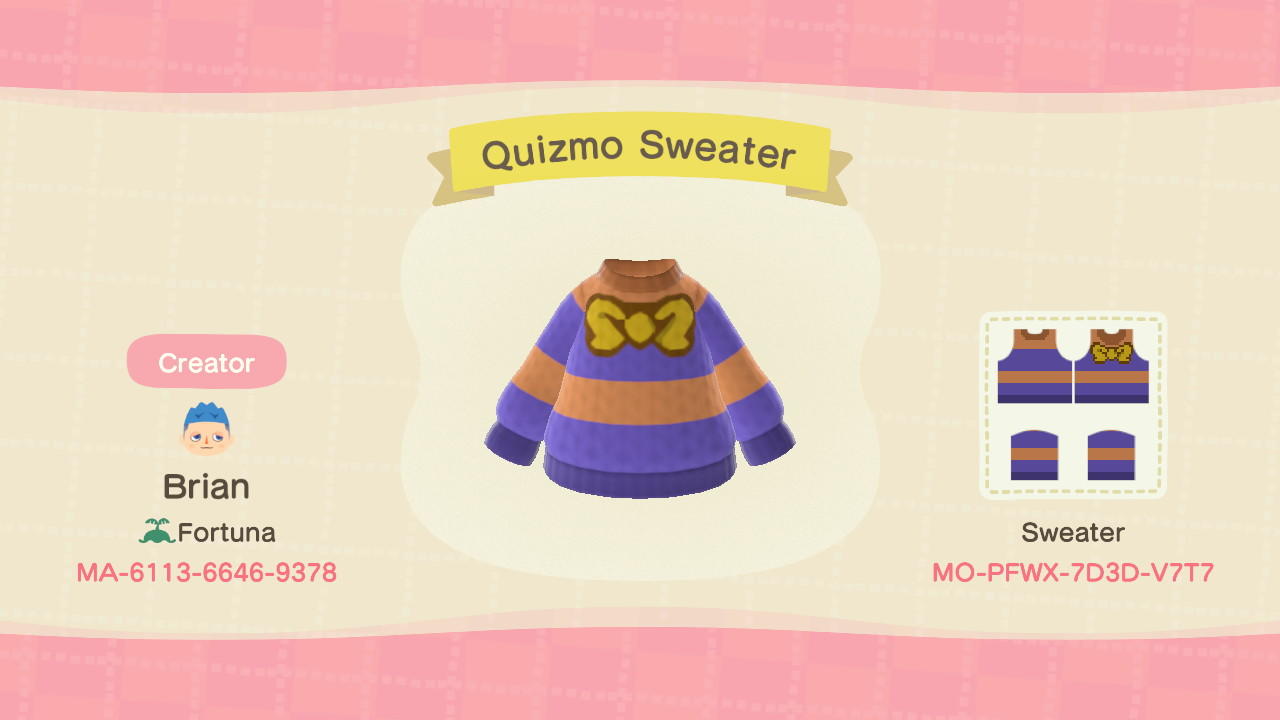 Animal Crossing Design Code: MO-PFWX-7D3D-V7T7 Quizmo Sweater