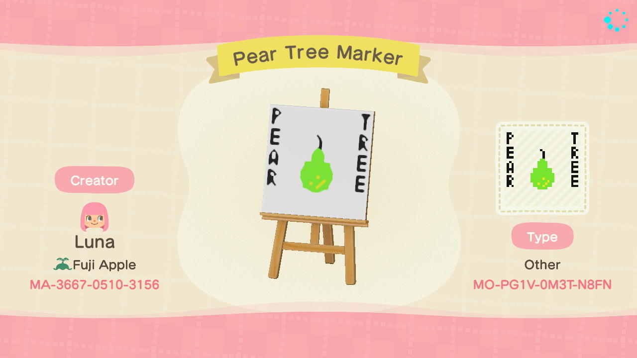 Animal Crossing Design Code: MO-PG1V-0M3T-N8FN Pear Tree Marker