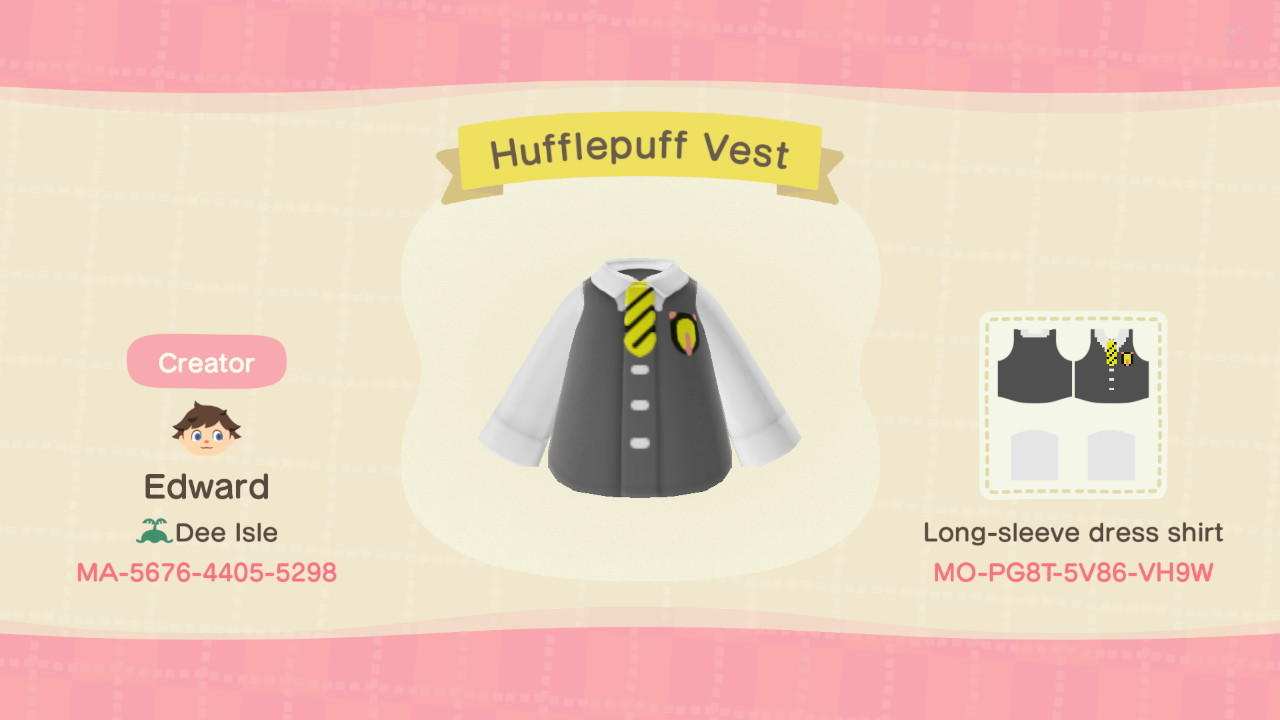 Animal Crossing Design Code: MO-PG8T-5V86-VH9W Hufflepuff Vest