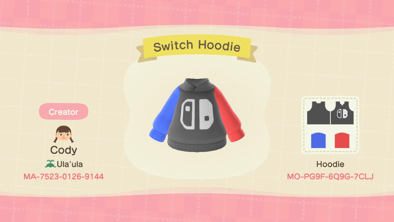 Animal Crossing Design Code: MO-PG9F-6Q9G-7CLJ Switch Hoodie