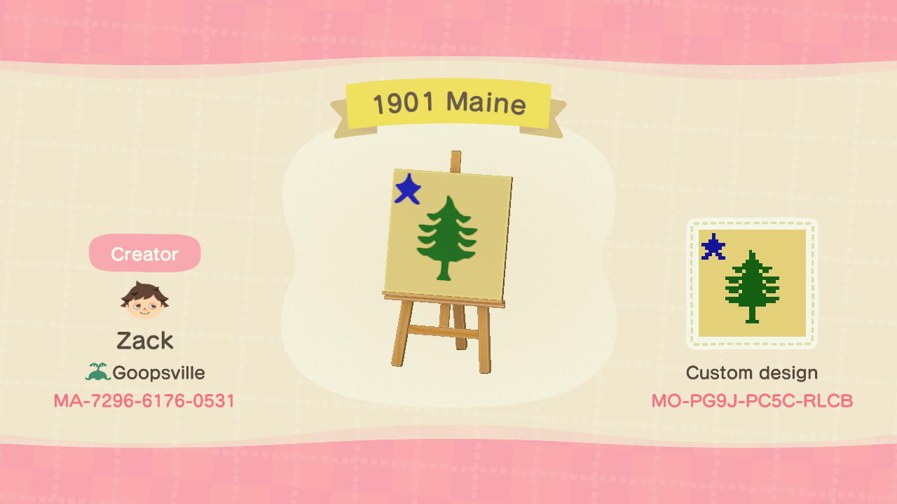 Animal Crossing Design Code: MO-PG9J-PC5C-RLCB 1901 Maine