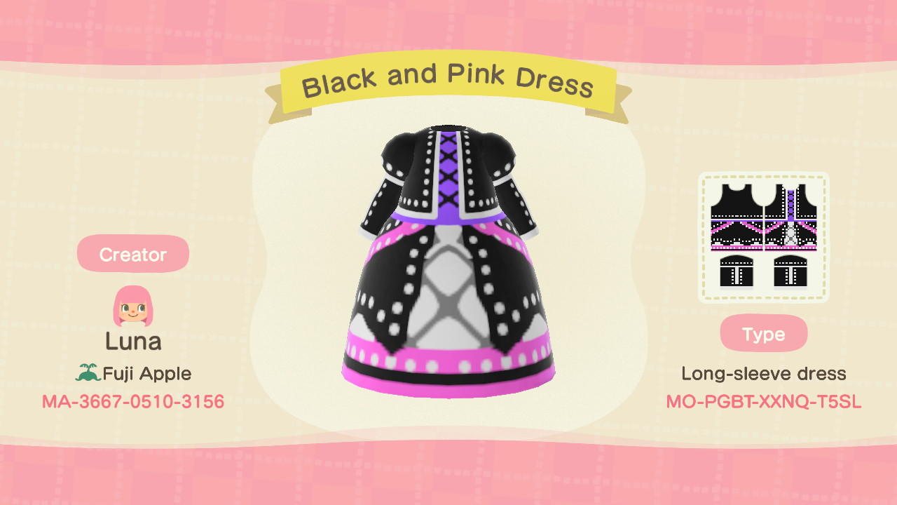Animal Crossing Design Code: MO-PGBT-XXNQ-T5SL Black and Pink Dress