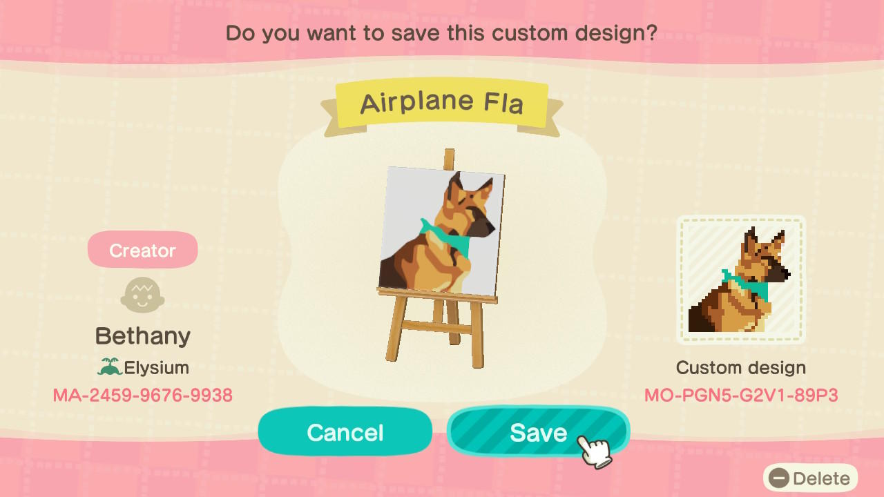 Animal Crossing Design Code: MO-PGN5-G2V1-89P3 German shepherd