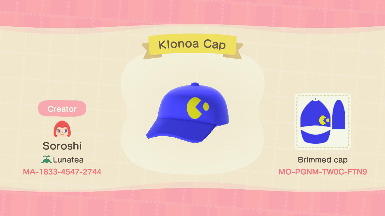 Animal Crossing Design Code: MO-PGNM-TW0C-FTN9 Klonoa Cap