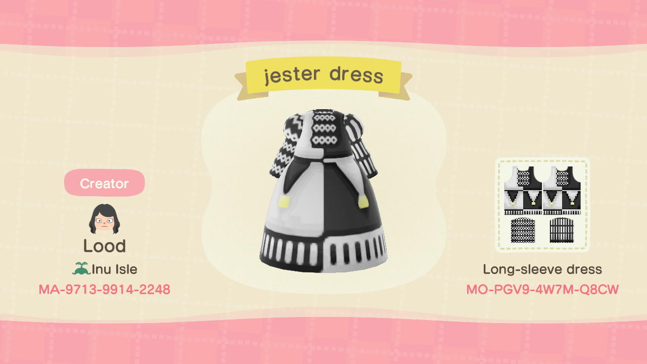 Animal Crossing Design Code: MO-PGV9-4W7M-Q8CW jester dress