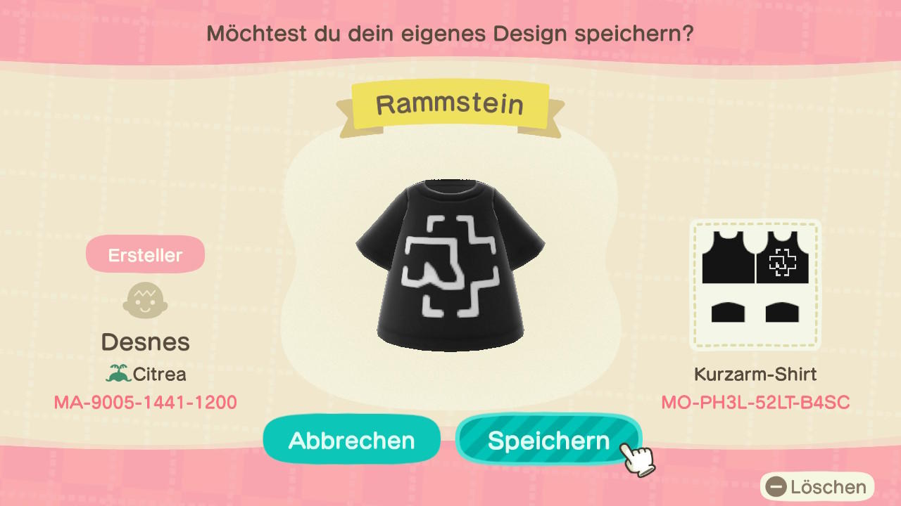 Animal Crossing Design Code: MO-PH3L-52LT-B4SC Rammstein