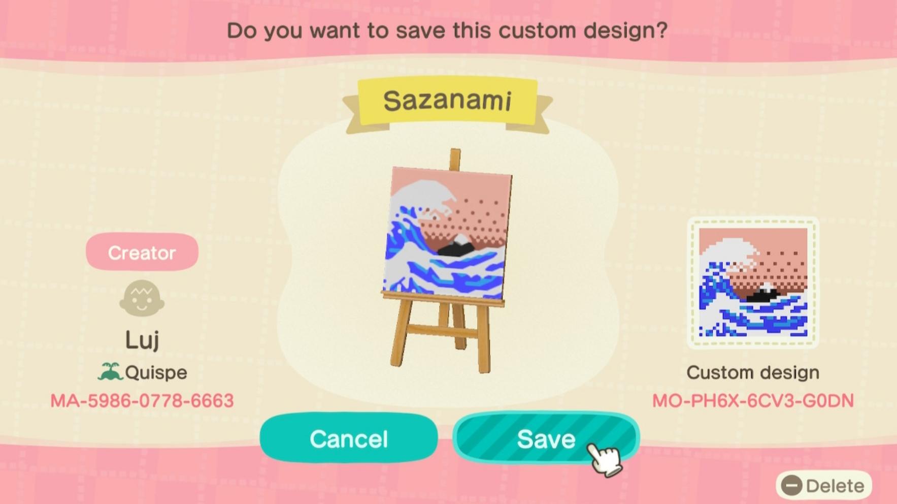 Animal Crossing Design Code: MO-PH6X-6CV3-G0DN Sazanami