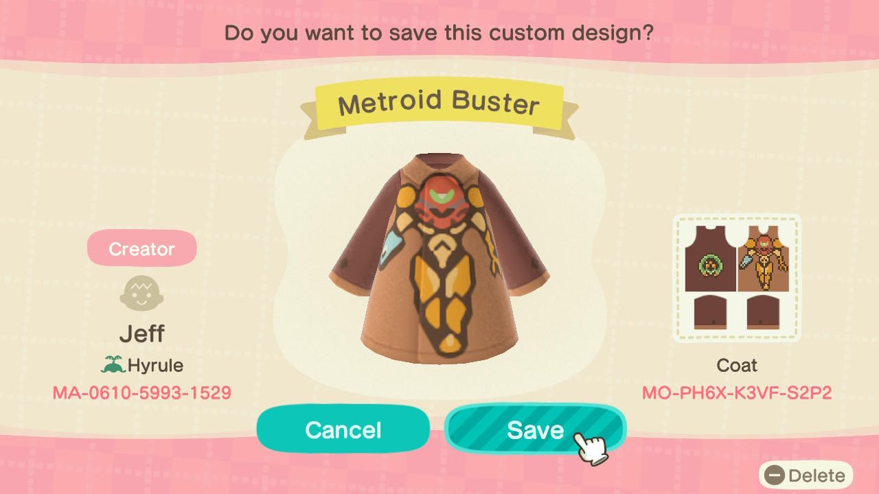 Animal Crossing Design Code: MO-PH6X-K3VF-S2P2 Metroid Buster