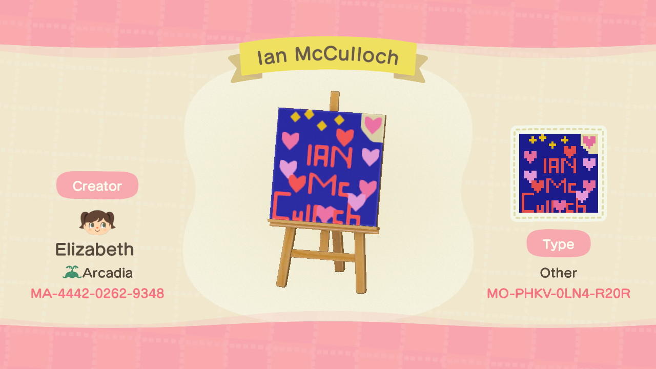 Animal Crossing Design Code: MO-PHKV-0LN4-R20R Ian McCulloch