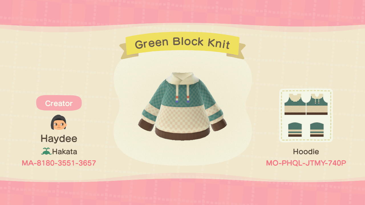 Animal Crossing Design Code: MO-PHQL-JTMY-740P Green Block Knit