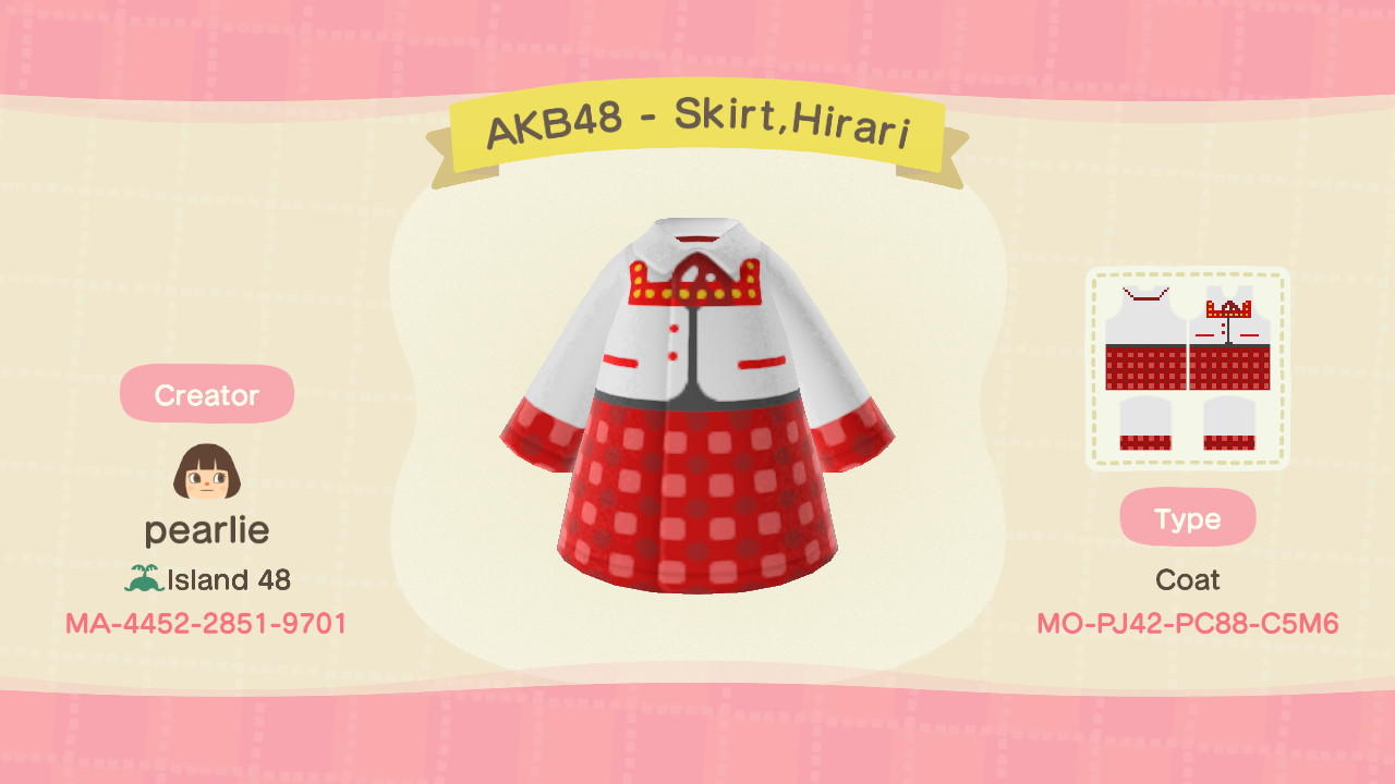 Animal Crossing Design Code: MO-PJ42-PC88-C5M6 Skirt Hirari - AKB48