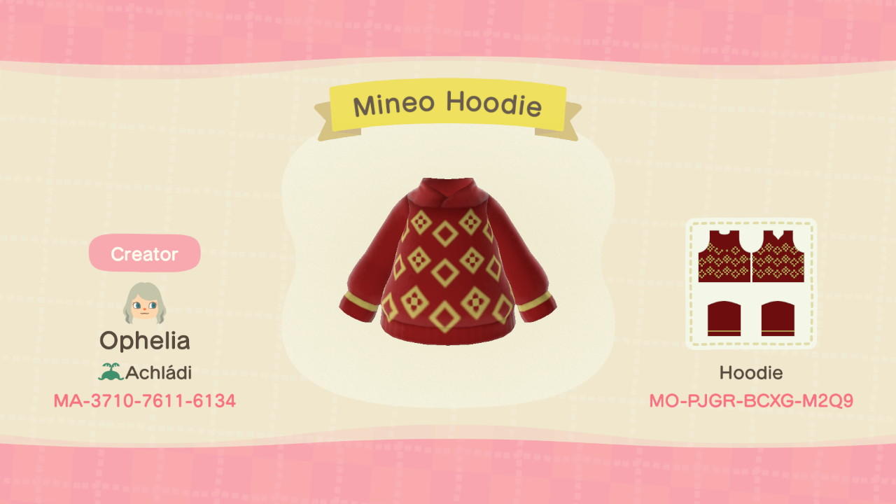 Animal Crossing Design Code: MO-PJGR-BCXG-M2Q9 Mineo Hoodie CxM