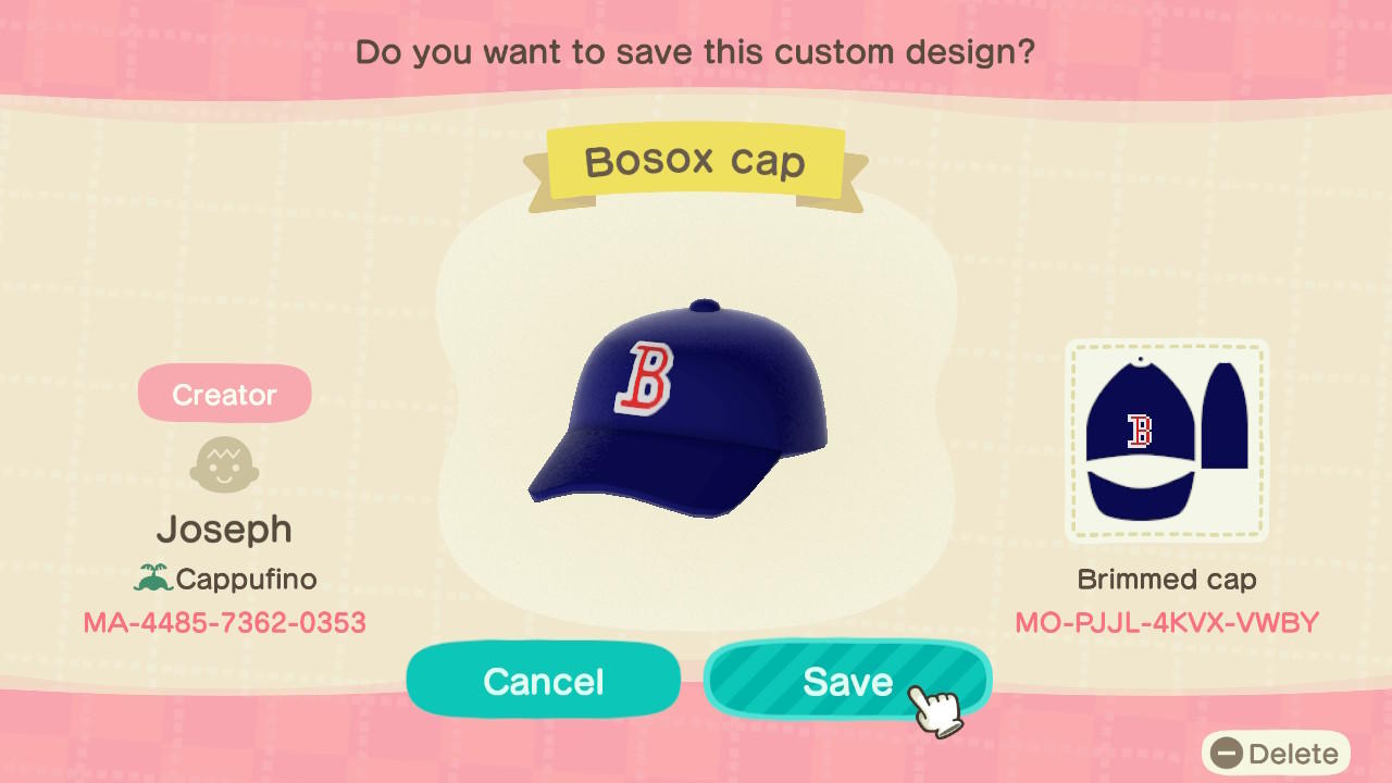 Animal Crossing Design Code: MO-PJJL-4KVX-VWBY Bosox Cap