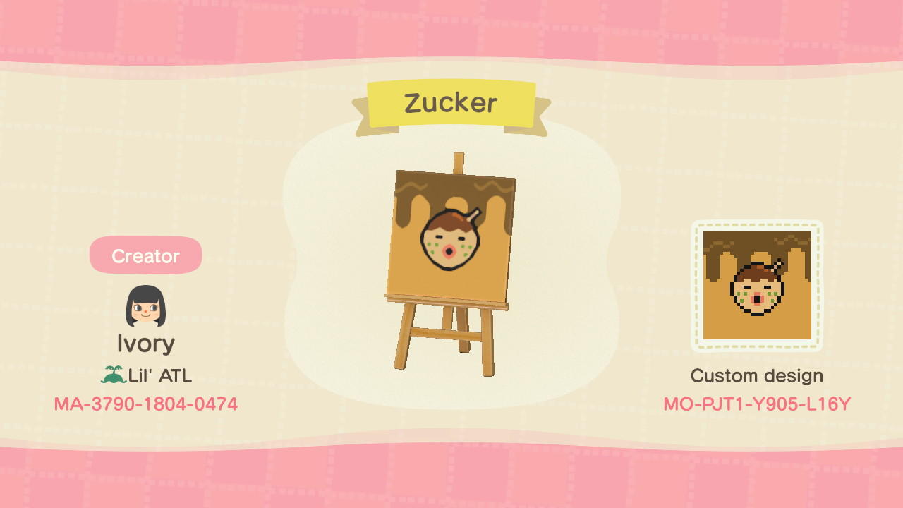 Animal Crossing Design Code: MO-PJT1-Y905-L16Y Zucker