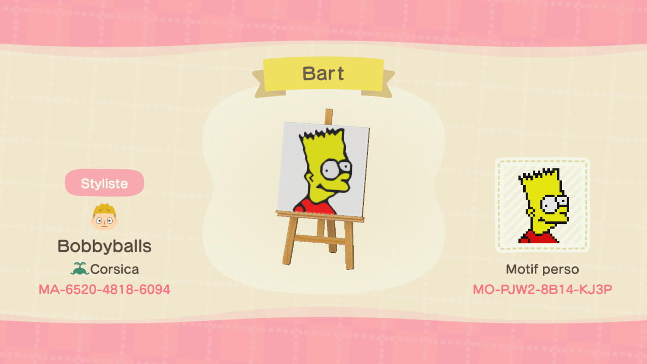 Animal Crossing Design Code: MO-PJW2-8B14-KJ3P BART