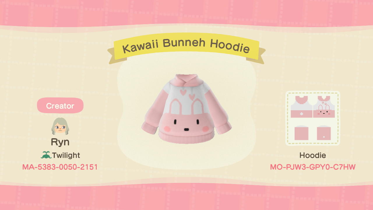 Animal Crossing Design Code: MO-PJW3-GPY0-C7HW Kawaii Bunneh Hoodie