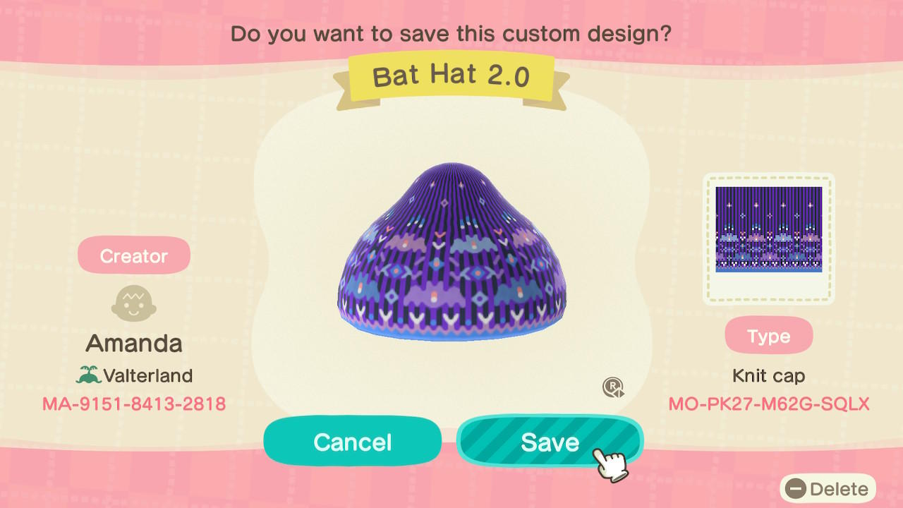 Animal Crossing Design Code: MO-PK27-M62G-SQLX Bat Hat 2.0