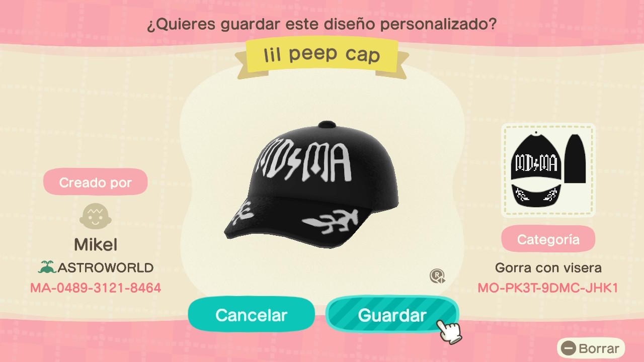 Animal Crossing Design Code: MO-PK3T-9DMC-JHK1 lil peep cap