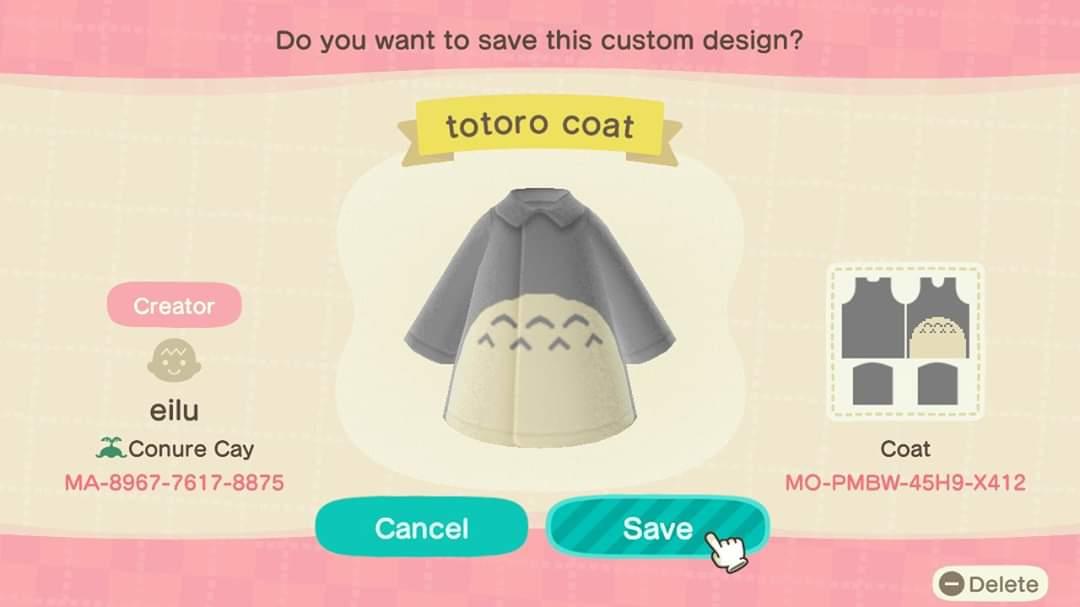 Animal Crossing Design Code: MO-PMBW-45H9-X412 Totoro coat