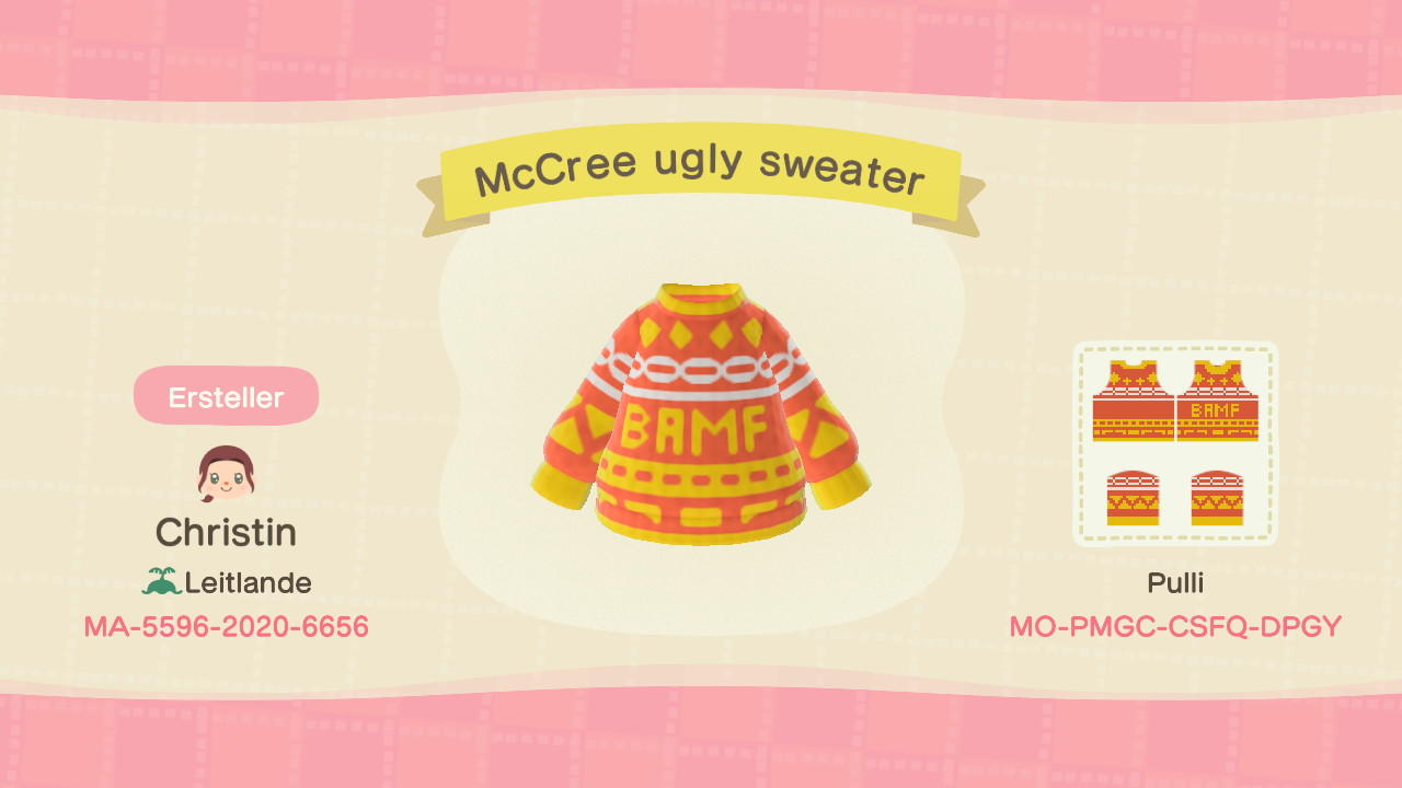 Animal Crossing Design Code: MO-PMGC-CSFQ-DPGY McCree Ugly Sweater