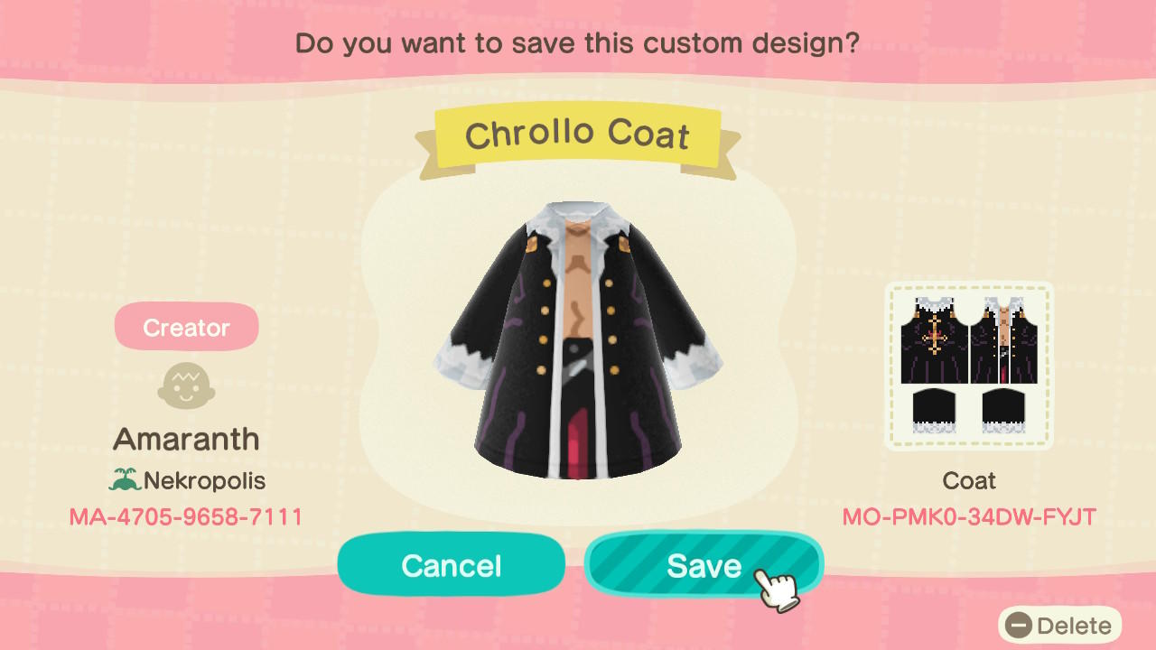 Animal Crossing Design Code: MO-PMK0-34DW-FYJT Chrollo Coat
