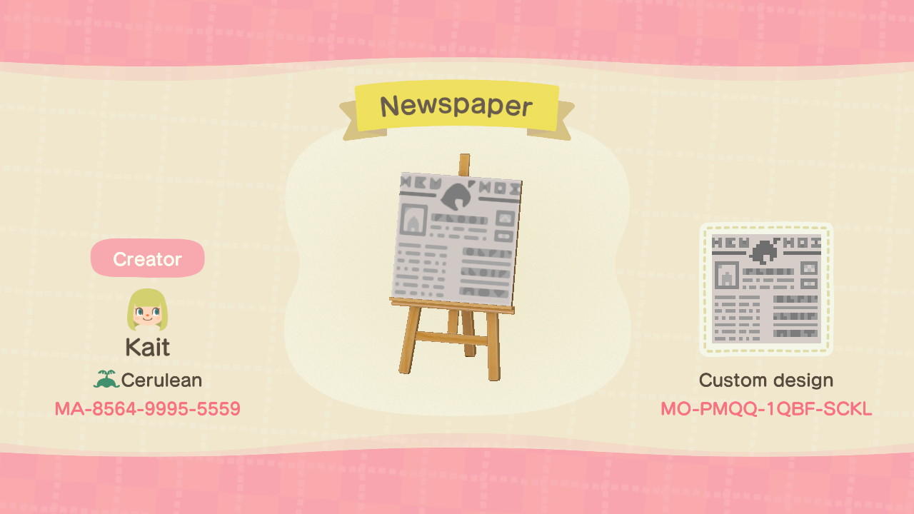 Animal Crossing Design Code: MO-PMQQ-1QBF-SCKL Newspaper