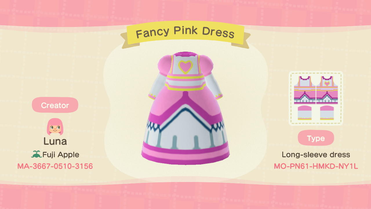 Animal Crossing Design Code: MO-PN61-HMKD-NY1L Fancy Pink Dress