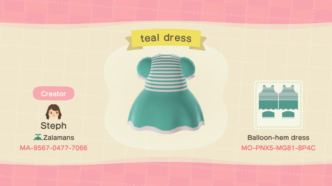 Animal Crossing Design Code: MO-PNX5-MG81-8P4C Teal Dress
