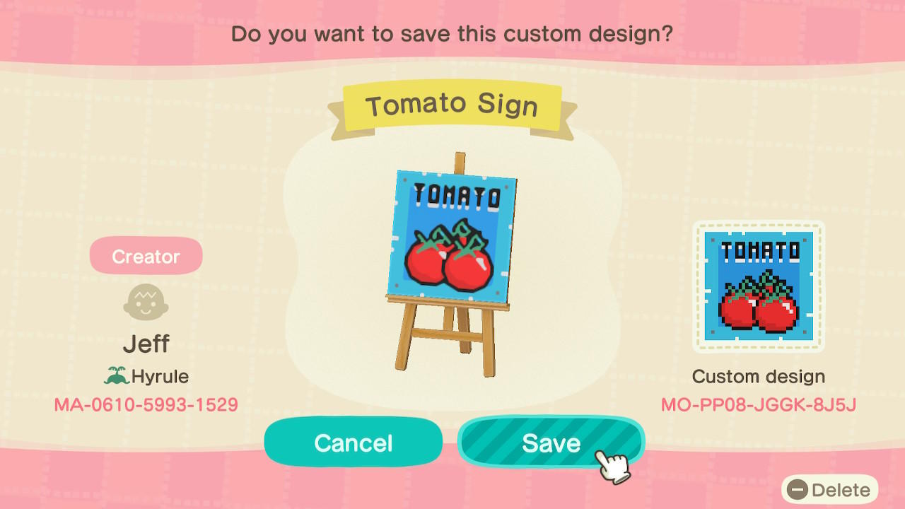 Animal Crossing Design Code: MO-PP08-JGGK-8J5J Tomato Sign