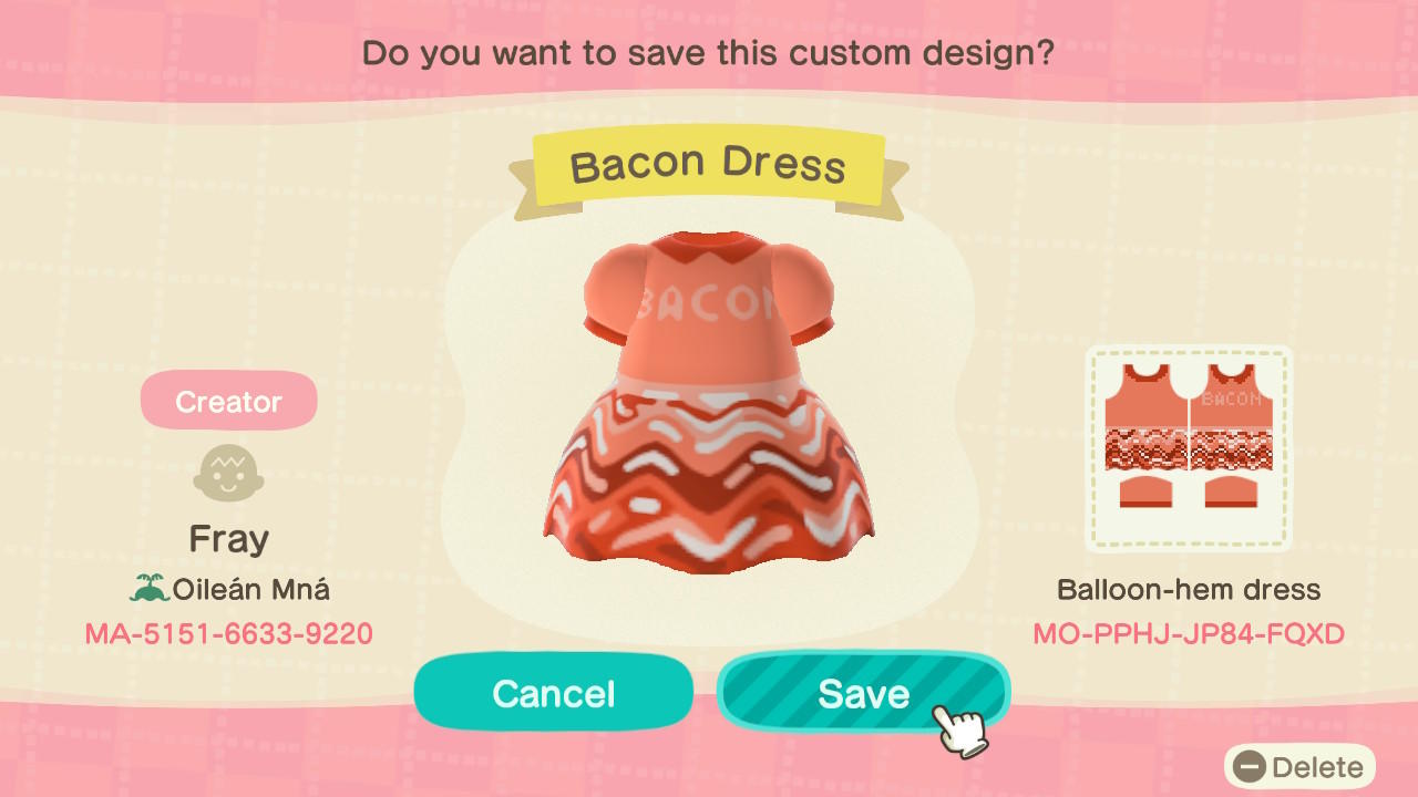 Animal Crossing Design Code: MO-PPHJ-JP84-FQXD Bacon Dress