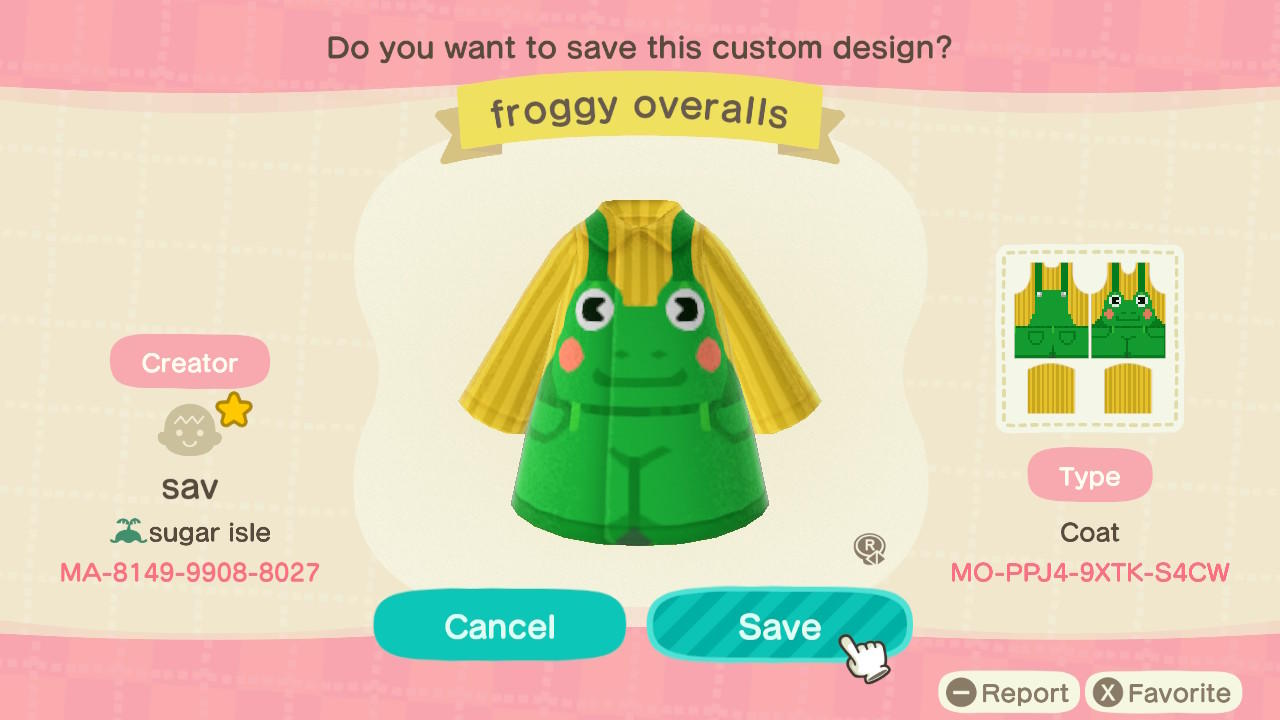 Animal Crossing Design Code: MO-PPJ4-9XTK-S4CW Froggy Overalls
